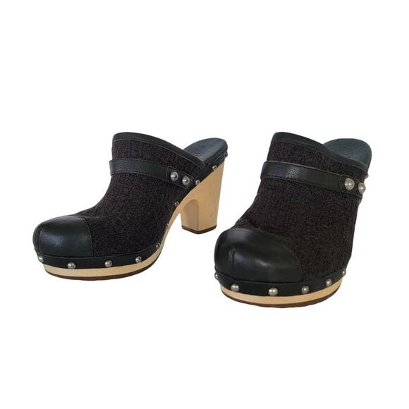 UGG Textile and Leather Slip On Wooden Heel Clogs Womens Size 9 Black - Picture 4 of 15